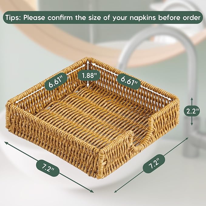 Napkin Holder for Table, Woven Wicker Synthetic Rattan Napkin Holders For Paper Napkins, Napkin Holders for Kitchen Dinner Table Boho Decor and Accessories, Square Napkin Basket and Serving Tray