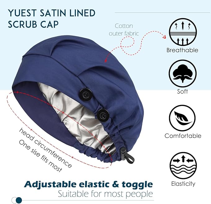 2 Pack Satin Lined Bouffant Scrub Caps with Buttons, Adjustable Scrub Caps for Women Men