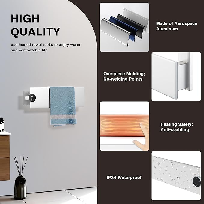 K&KALONZO Electric Towel Warmer, 18.8" W x 4.8" H Wall-Mounted Towel Heater with Built-in Timer, Waterproof Aluminum Towel Warmer for Bathroom, Support Plug-in and Hardwired, White, K1-L-W
