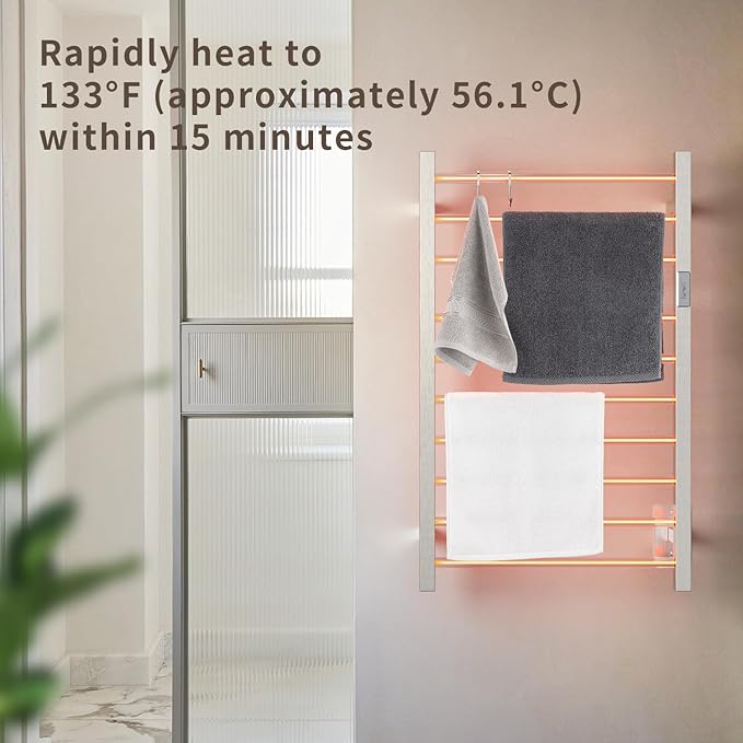 Wall Mounted Towel Warmer Square 10 Bars with Plug-in and Hardwired Options 3 Working Modes Brushed Stainless Steel 21" W 34" H
