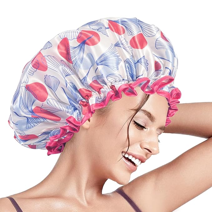 Aquior Shower Caps, Reusable Shower Cap for Women, Double Layer Waterproof Hair Cap, Microfiber Large Size for All Hair Lengths,for Girls Spa Home Salon Use (Red-Tulip)