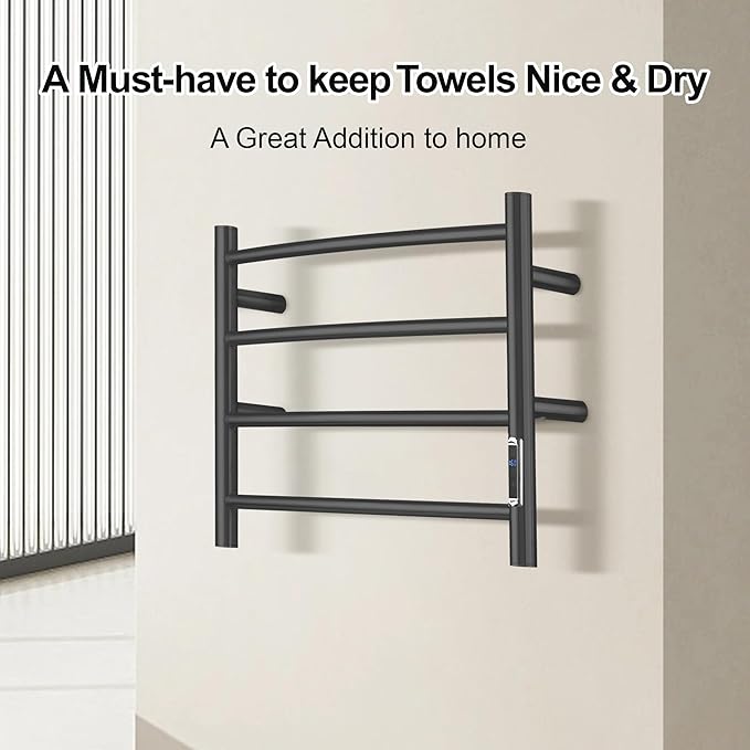 Electric Towel Warmer with Built-in Timer - Wall Mounted Bathroom Heated Towel Rack, Plug-in Design & Brushed Stainless Steel Finish Black