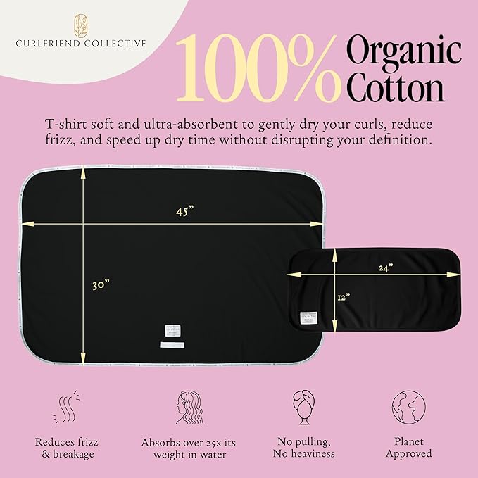 Curlfriend Collective Cotton Cloud T-Shirt Hair Towel Duo – Black to Basics Hair Towel Wrap for Women, XL + Mini Hair Drying Towels for Curly Hair, No-Slip Plopping Towel, Ultra Absorbent Cotton