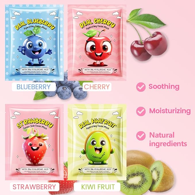 Kaely 40 Pack Bulk Face Masks for Kids, Kids Face Mask Spa Day Kit Supplies, Spa Party Favors for Teens Girls Women, Sheet Facial Mask Skincare Gifts Set, Moisturize Soothe for All Skin Types, 01