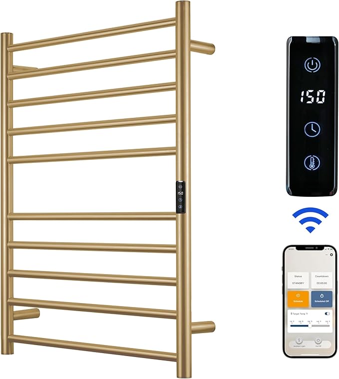 Electric Towel Rack with Voice Control for Alexa & Google Home,TUYA-Wall-Mounted Bathroom Heating Towel Warmer,Stainless Steel Material,31.5x20.08x4.41in,Plug-in,Gold，10 Bars