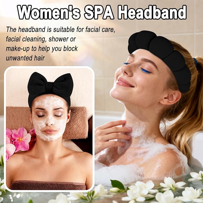 Zkptops 6Pcs Spa Headband for Washing Face Wristbands Set Women Bubble Makeup Sponge Terry Cloth Padded Puffy Skincare Headband Bow Tie Hairband Cute Non Slip Thick Hair Accessory Gifts(Black)