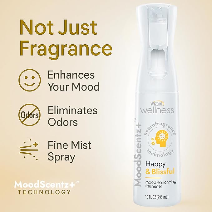 Wizard MoodScentz™ (Happy & Blissful) Patented Science-Backed Mood-Enhancing Room Mist, Non-Aerosol Continuous Fine-Mist Spray with Neuro-Fragrance Technology - 10 Fl Oz