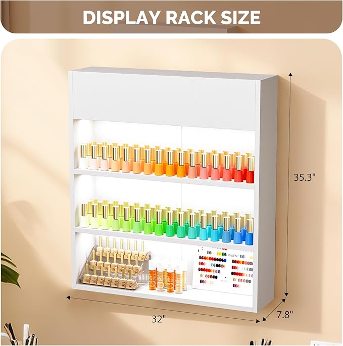 OmySalon Wall Mounted Display Rack, 32-Inch 3-Tier LED Nail Polish Organizer Shelf with USB Touch Control, for Nail Salon, Spa, Beauty Studio Storage, Wooden Retail Display (White)