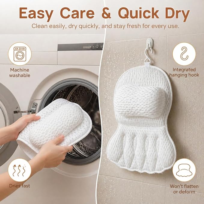 4D Air Mesh Bath Pillow for Tub, Soft Bathtub Cushion with 6 Non-Slip Suction Cups for Head, Neck & Back Support, Machine Washable Spa Pillow, White