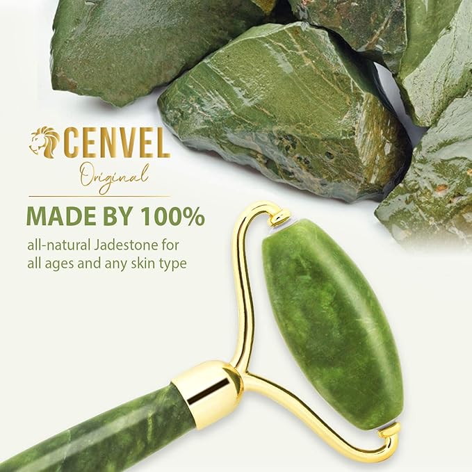 100% Real Crystal Jade Stone Roller and Gua Sha Set with Vitamin C Serum | Great for Eye Puffiness Treatment, Skin Tightening, Anti Aging, Rejuvenate Face & Neck | Great Gift for Women & Men (Green)