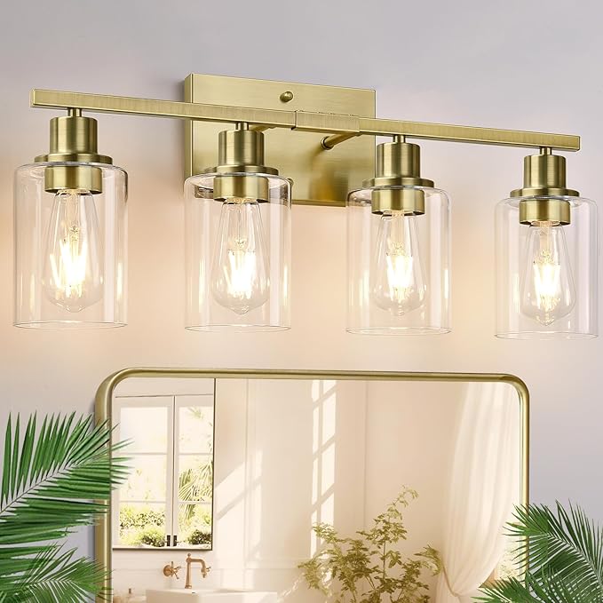 Indoi 4 Light Bathroom Light Fixtures, Brass Vanity Lights for Bathroom with Clear Glass Shades, Modern Bathroom Wall Sconces for Mirror Living Room Cabinet