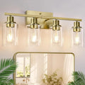 Indoi 4 Light Bathroom Light Fixtures, Brass Vanity Lights for Bathroom with Clear Glass Shades, Modern Bathroom Wall Sconces for Mirror Living Room Cabinet