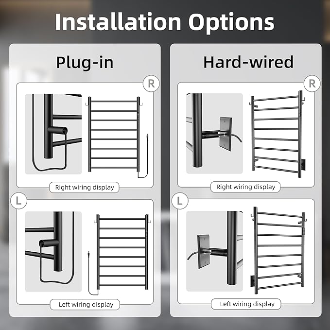 P&Dlusir Towel Warmer, Heated Towel Rack with Smart Timer and Thermo Control, Wall-Mounted Heated Towel Rail, Stainless Steel, Hard-Wired/Plug-in, Matte Black, 8 bar