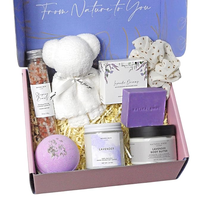 Natural Amor Lavender Spa Gifts for Women,7pcs Self Care Box Including Soap Bar, Candle, Bath Butter