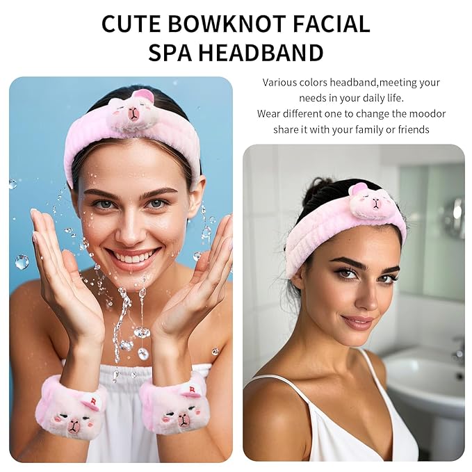 Kawaii Spa Headband and Wristband Set for Women Girls, Cute Halloween Skincare Headbands for Face Washing, Fluffy Makeup Headband for Washing Face Bath Shower and Beauty, Pink Capybara