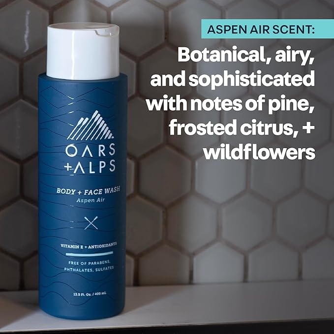 Oars + Alps Body Wash for Men, Mens Body Wash & Face Cleanser with Vitamin E & Antioxidants, Moisturizing, Paraben & Sulfate Free Cleanser, Aspen Air, 3pk