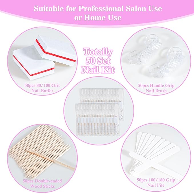50 Sets Disposable Manicure Kit Basics 4 Piece Nail Kit for Travel,Handle Grip Brush,Mini Nail Buffer Nail File and Wood Stick for Gifts Salon Home Professional(50 Set -White)