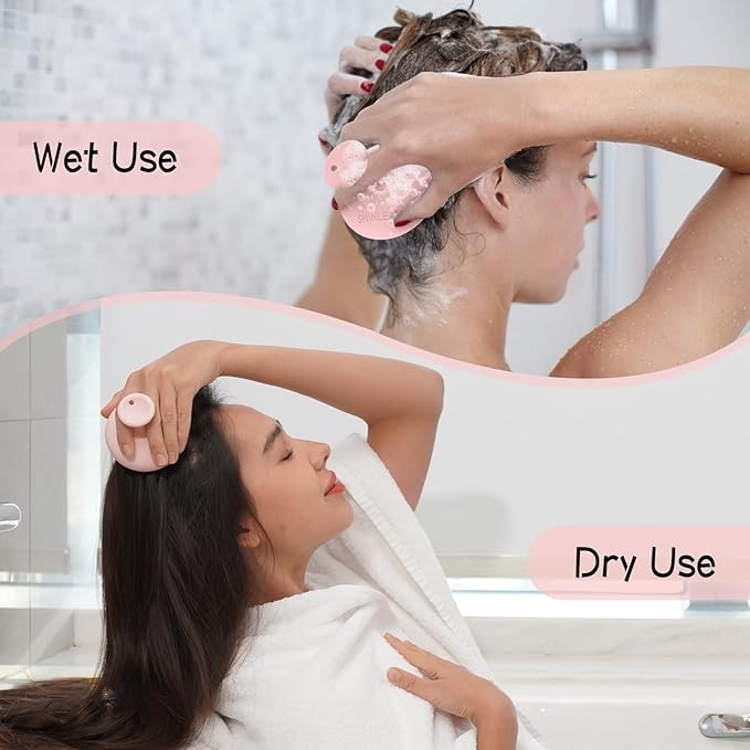 SHINLEA Silicone Scalp Massager Shampoo Brush, Head Scrubber with Soft Bristles for Hair Growth, Scalp Exfoliator for Dandruff Removal, Wet Dry Hair Brush for Scalp Care, Pink