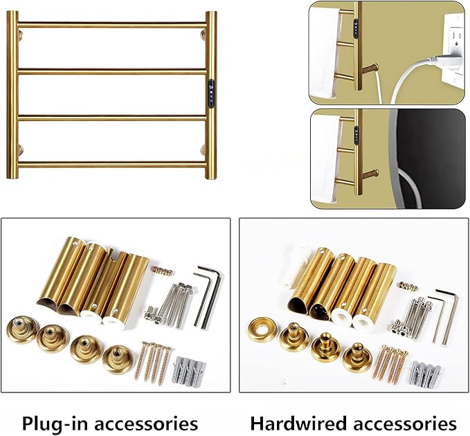 Heated Towel Rack Gold, 4 Bars Towel Warmer Rack for Bathroom Wall Mounted, Timer & Temperature Control Electric Towel Drying Rack (4 Bars Brushed Gold D, Plug-in)