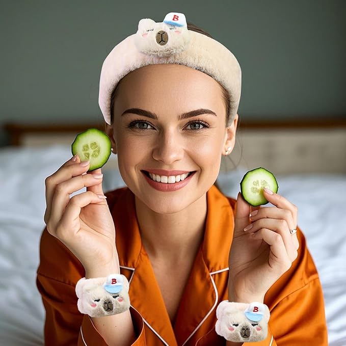Kawaii Spa Headband and Wristband Set for Women Girls, Cute Halloween Skincare Headbands for Face Washing, Fluffy Makeup Headband for Washing Face Bath Shower and Beauty, Beige Capybara