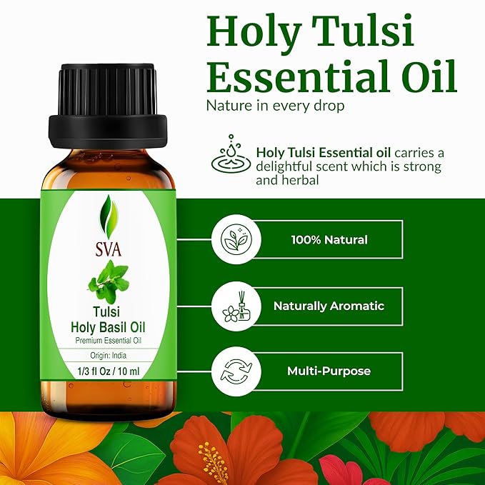 SVA Holy Tulsi Essential Oil – 1/3 Fl Oz – 100% Natural Tulsi Oil - for Diffuser, Hair Care, Face, Skin Care, Aromatherapy, Scalp and Body Massage, Soap and Candle Making