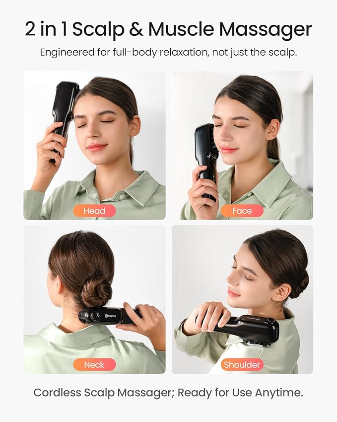 NAPRE Electric Scalp Massager,Head & Hair Massager Scalp Stress Relax,Cordless Handheld Muscle Massager with Horizontal Vibration for Face,Neck,Shoulder & Body,with Charging Dock,Mothers Day Gifts