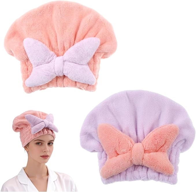 2Pcs Skin-Friendly Hair Drying Cap Quick-Drying Hair Towel Cap Microfiber Hair-Towel Bonnet (Pink+Purple)