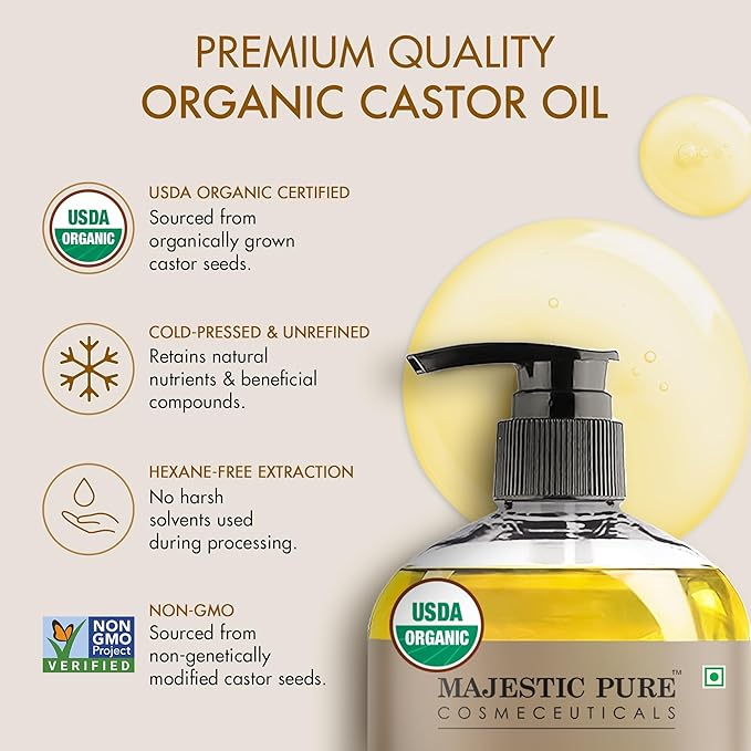 Majestic Pure Oil - 100% Pure and Natural- Cold Pressed & Hexane Free Natural Hair Growth Oil for Eyelashes, Eyebrows, Skin, Body, Face, Nails & Scalp - USDA Organic Castor Oil 8 Fl Oz