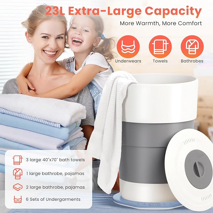 Towel Warmer, 23L Towel Warmer Bucket with Time Setting, Auto Shut-Off, Retractable Portable, Fits Up to Two Large Towels, Bathrobes, Blankets, PJ's and More