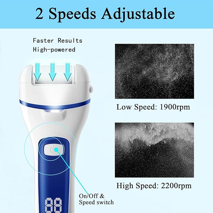 Callus Remover for Feet, 13-in-1 Professional Pedicure Tools Foot Care Kit, Foot Scrubber Electric Feet File Pedi for Hard Cracked Dry Dead Skin, 3 Rollers, 2 Speed, Battery Display (White&Blue)