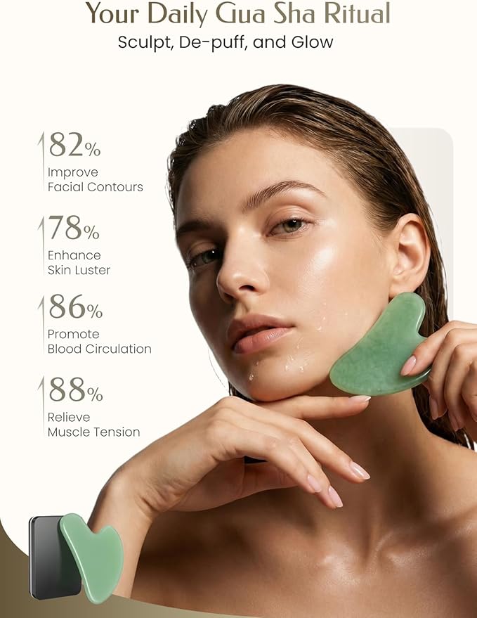Gua Sha Facial Tool – Green Stone Guasha Tool for Face & Neck – Face Massager Tool for Lymphatic Drainage, Puffiness Reduction & Jawline Sculpting (Light-Green)