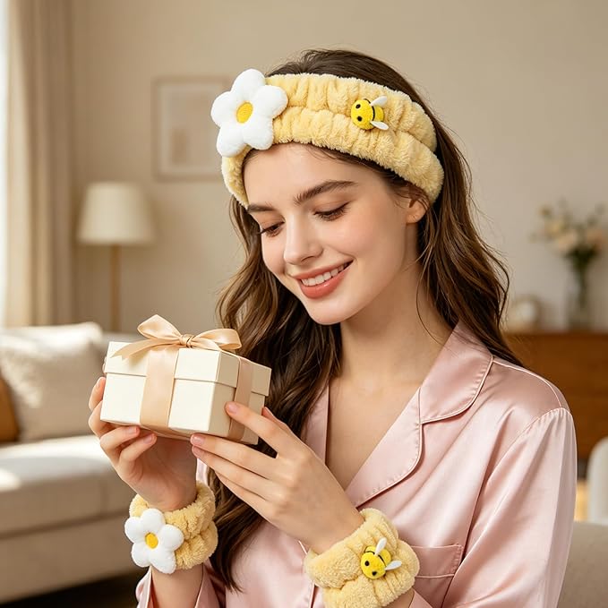 PERFECTSIGHT Kawaii Headband for Spa, Makeup, Washing Face, Party - 2 Pack Cute Hair Band for Shower Beauty Skincare, Soft Facial Headbands for Girls and Women (Yellow Flower Bee)
