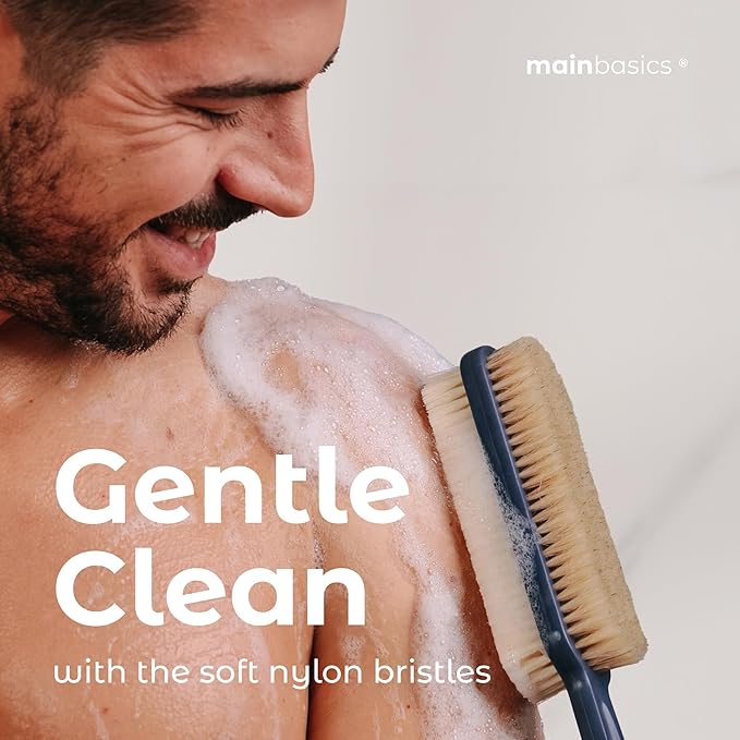 MainBasics Back Scrubber for Shower, Long Handle Body Brush with Dual-Sided Exfoliating and Soft Bristles, 15.75 Inch (Blue)