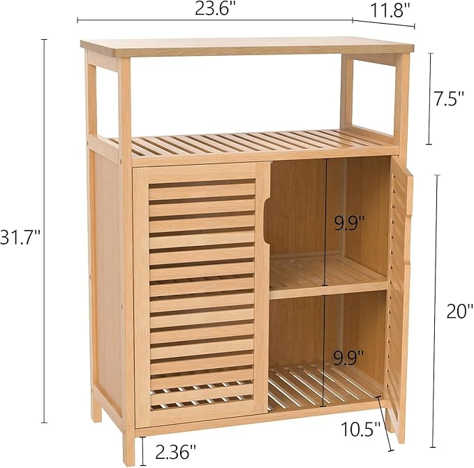 Bamboo Bathroom Storage Cabinet with 2 Doors, Bathroom Floor Freestanding Cabinets Organizer for Living Room, Kitchen, Entryway