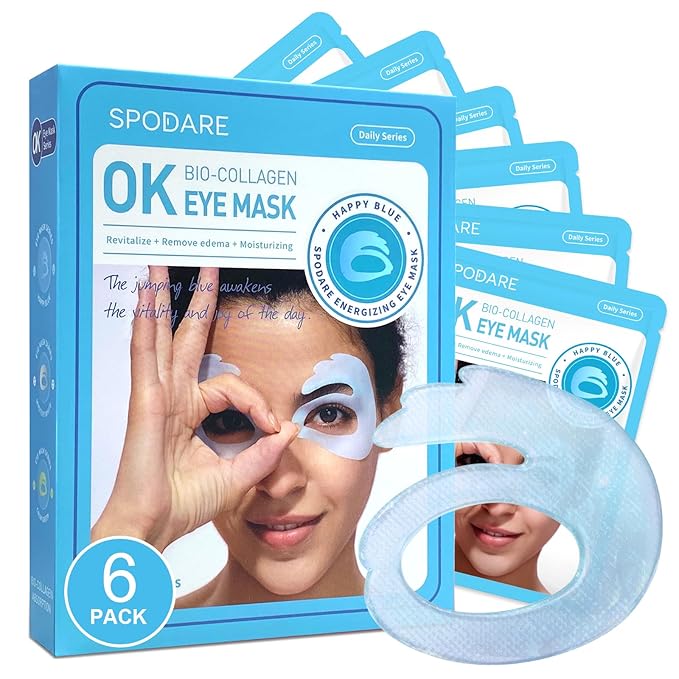 SPODARE OK Shape Eye Masks, 360° Fit Under Eye Patches with Retinol and Collagen, Firming & Hydrating Eye Mask for Wrinkles and Puffy Eyes, Self Care Gifts for Women - 6 Pairs, Happy Blue
