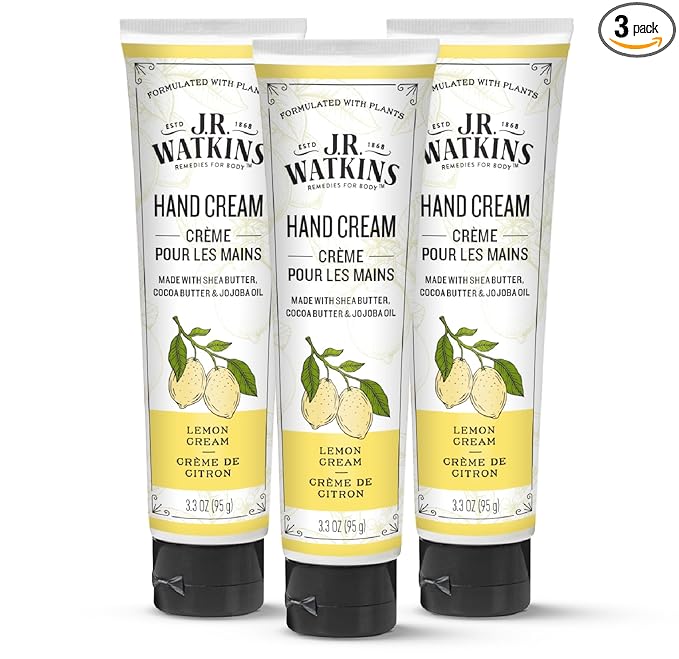 J.R. Watkins Natural Moisturizing Hand Cream, Hydrating Hand Moisturizer with Shea Butter, Cocoa Butter, and Avocado Oil, Cruelty Free, 3.3oz, Lemon Cream, 3 Pack