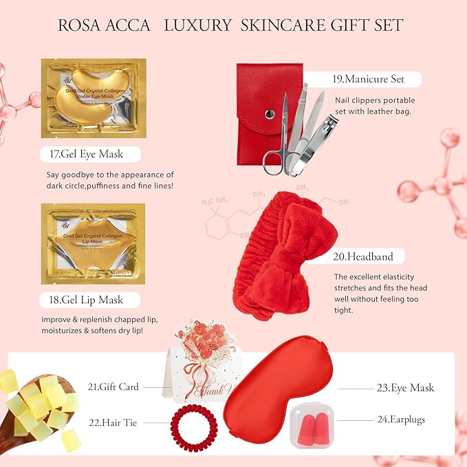 Mother's Day Gifts, Red Rose 32 Pcs Facial Skin Care Set, Bath and Body Gifts Basket for Women, Spa Set & Self-Care Kit, Face Sheet Mask, Serum, Present, Birthday, Christmas, Anniversary, Wife, Mom