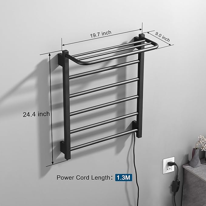 Heated Towel Racks for Bathroom, Hot Towel Warmer with 24hr Timer Stainless Steel Wall Mounted Electric Towel Warmers for Bathroom (Black, 5-Bar)
