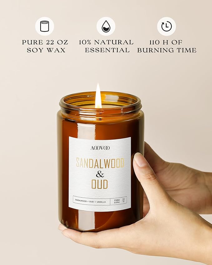 AOOVOO Sandalwood Oud Candle - Large Scented Candles 22oz, Soy Candles, Aromatherapy Candle, Soy Wax Candle