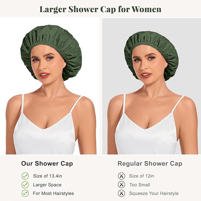 Shower Cap for Women Waterproof Reusable, Large Shower Cap Non-Slip with Elastic Band, Washable Bath Hair Hat for Long Hair, Braids (Dark Green)