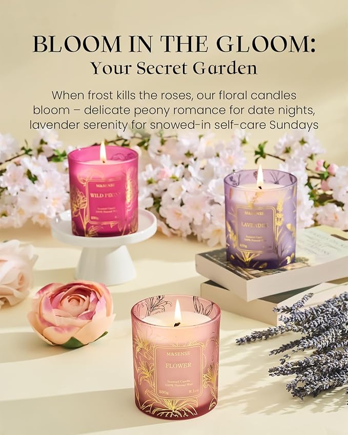 M&SENSE Floral Natural Soy Scented Candle, 7.8oz 42H Non-Toxic Aromatherapy Candle for Stress Relief, Romantic Perfect for Moms