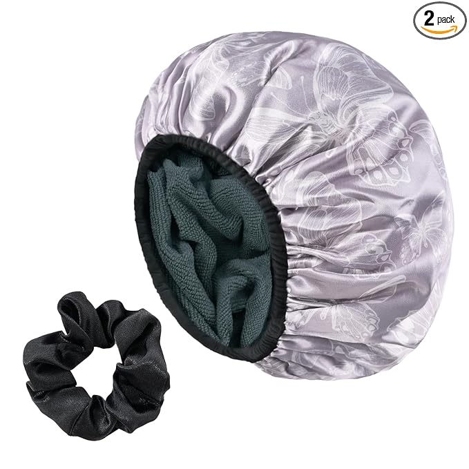 White Butterfly Print Satin Shower Cap, Three-Layer Terry Cloth Lined, with Silk Hair Ties, Microfiber Waterproof Reusable Large Size Shower Cap for Women Long Thick Hair