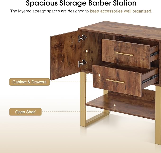 BarberPub Styling Barber Station, Wall Mount Storage Cabinet, Salon Equipment for Hair Stylist, Spa Beauty Makeup Organizer, 31.4"(L) x 16.54"(W) x 35.71"(H) 3185 (Rustic Brown)