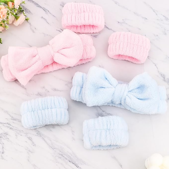 WHAVEL 6PCS Spa Headband and Wristbands Set, Face Wash Headband Wrist Bands for Washing Face Skincare Makeup Hair Band Skin Care Accessories Tools，Blue&Pink