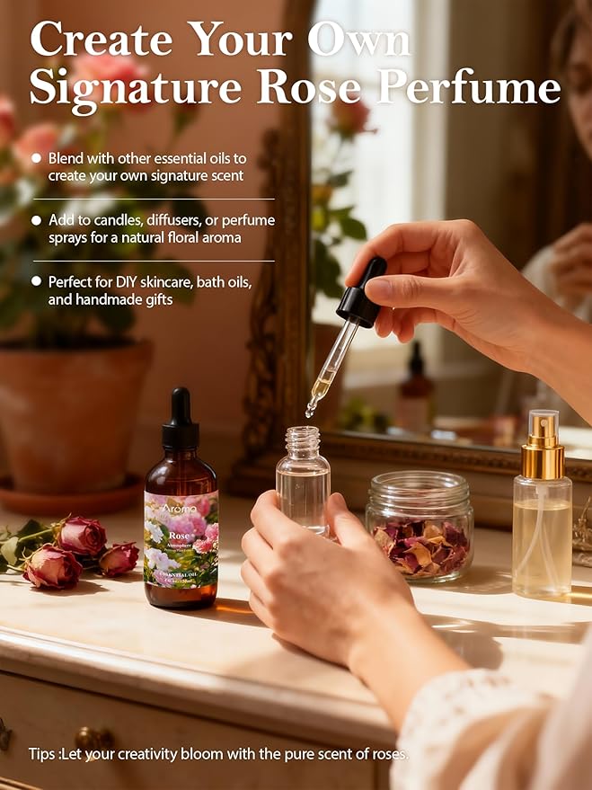 Rose Essential Oil in Premium Gift Box - Essential Oils for Home Diffusers - Perfect Self-Care & Spa Gift for Women 4 Fl Oz Valentines Day Gifts for Her