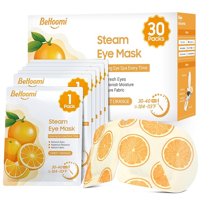 BeHoomi 30Packs Steam Eye Mask, Heated Eye Mask Warm Compress for Eyes, Self Heating Disposable Steam Mask for Home Sleep, Spa, Travel Essentials & Relaxation Gifts, Mothers Day Gifts (Sweet Orange)