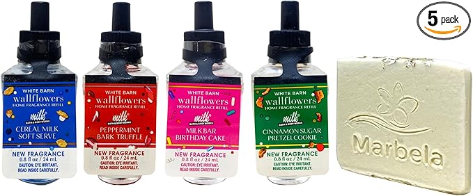 Bath & Body Works 4 Wallflowers Fragrance Refills – Cereal Milk Soft Serve, Peppermint Bark Truffle, Milk Bar Birthday Cake & Cinnamon Sugar Pretzel Cookie with Natural Oats Soap Sample