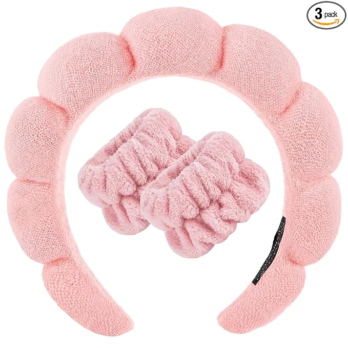 Zkptops Spa Headband for Washing Face Wristband Set Sponge Makeup Skincare Terry Cloth Bubble Soft Get Ready Hairband for Women Girl Puffy Padded Headwear Non Slip Thick Hair Accessory(Orange Pink-2)