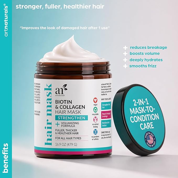 Artnaturals Biotin & Collagen Hair Mask – Strengthening & Volumizing Treatment for Fuller, Thicker Hair – With Jojoba, Almond & Sage Oils – Vegan, No Parabens or Sulfates – 16.9 oz