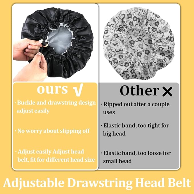 Ymapinc Reusable Shower Caps for Women Waterproof Hair Shower Cap Adjustable Hair Cover for Shower Large Black Layer Shower Bonnet for Girls Spa Home Salon Use